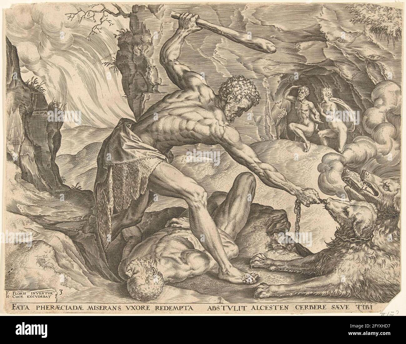 Hercules drags Cerberus hell; Working from Hercules. Hercules takes Cerberus, the three-stubborn dog that guards the entrance to the Hades, hell. He pulls the necklace to Cerberus heads and threatens the dog with his knots. Stock Photo