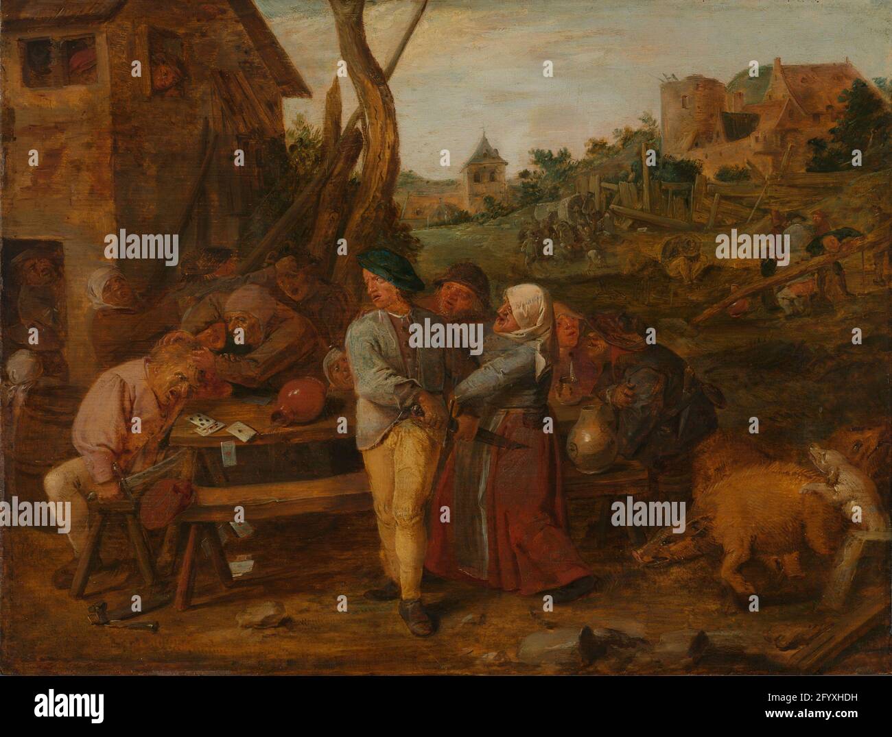 Peasant Brawl. Farmer's fight. Quarrel between card playing drunken