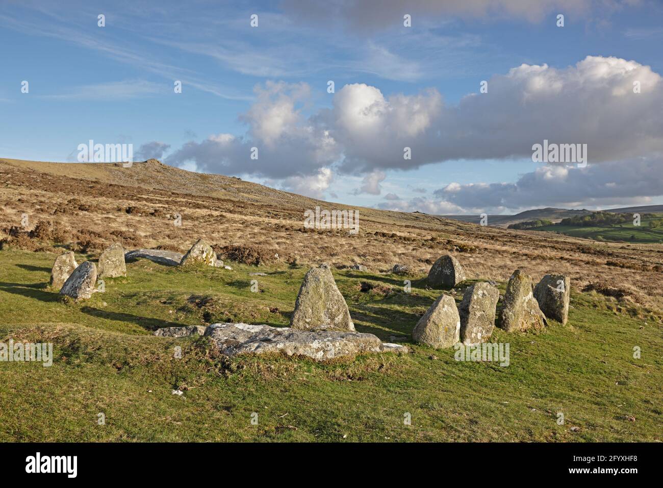 Nine Maidens cairn circle with Belstone Tor in the background Dartmoor UK Stock Photo
