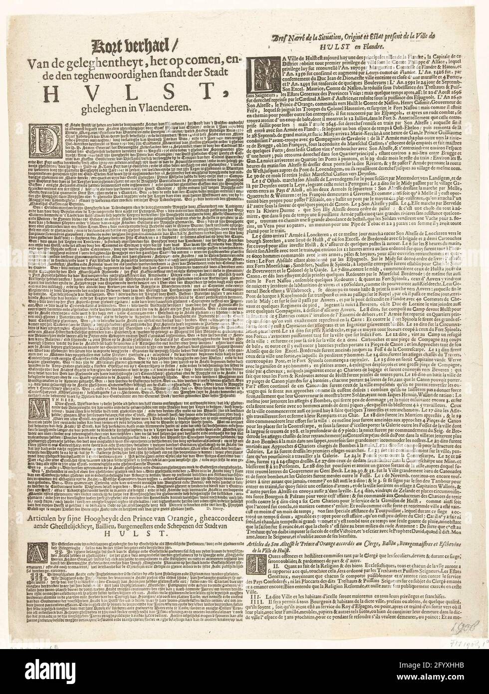 Text sheet at the Ensemble of the Siege of Hulst, 1645; Short from Verhael  / Van de Gelghentheyt, the on Comes, and the Tegwoordeghen Stadt der Stadt  Hulst, Gheleghen in Vlaenderen; BEF