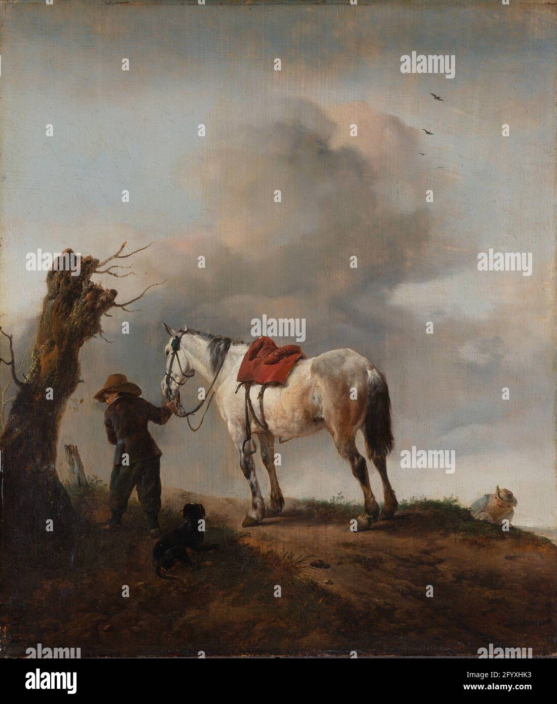 The Grey Horse. A grey horse, whose reins are held by a boy, plays the  leading role in this small panel. The horse stands outclearly against the  dramatic cloudy sky. Wouwerman's rendering