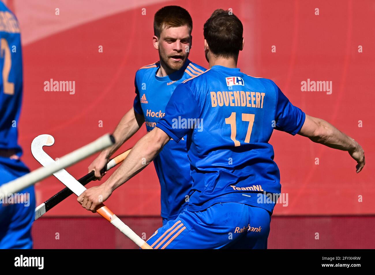 ANTWERP, BELGIUM - MAY 30: Thierry Brinkman of the Netherlands celebrates after scoring his sides fourth goal with Roel Bovendeert of the Netherlands during the Mens FIH Pro League match between Belgium and Netherlands at Sportcentrum Wilrijkse on May 30, 2021 in Antwerp, Belgium (Photo by Philippe de Putter/Orange Pictures) Stock Photo
