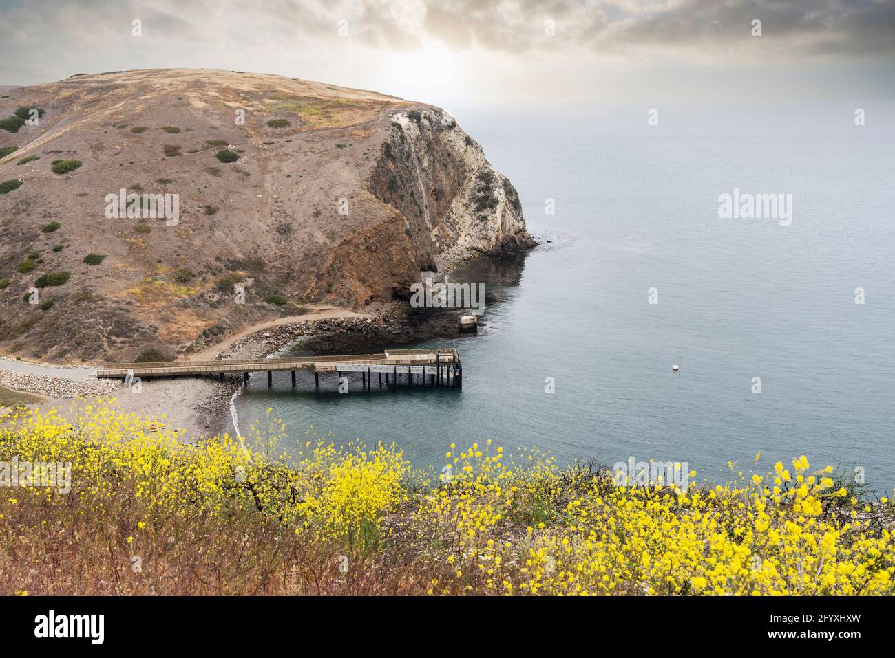 View towards the dock at Scorpion Anchorage on Santa Cruz Island in the Channel Islands National Park near Los Angeles and Ventura, California, USA. Stock Photo