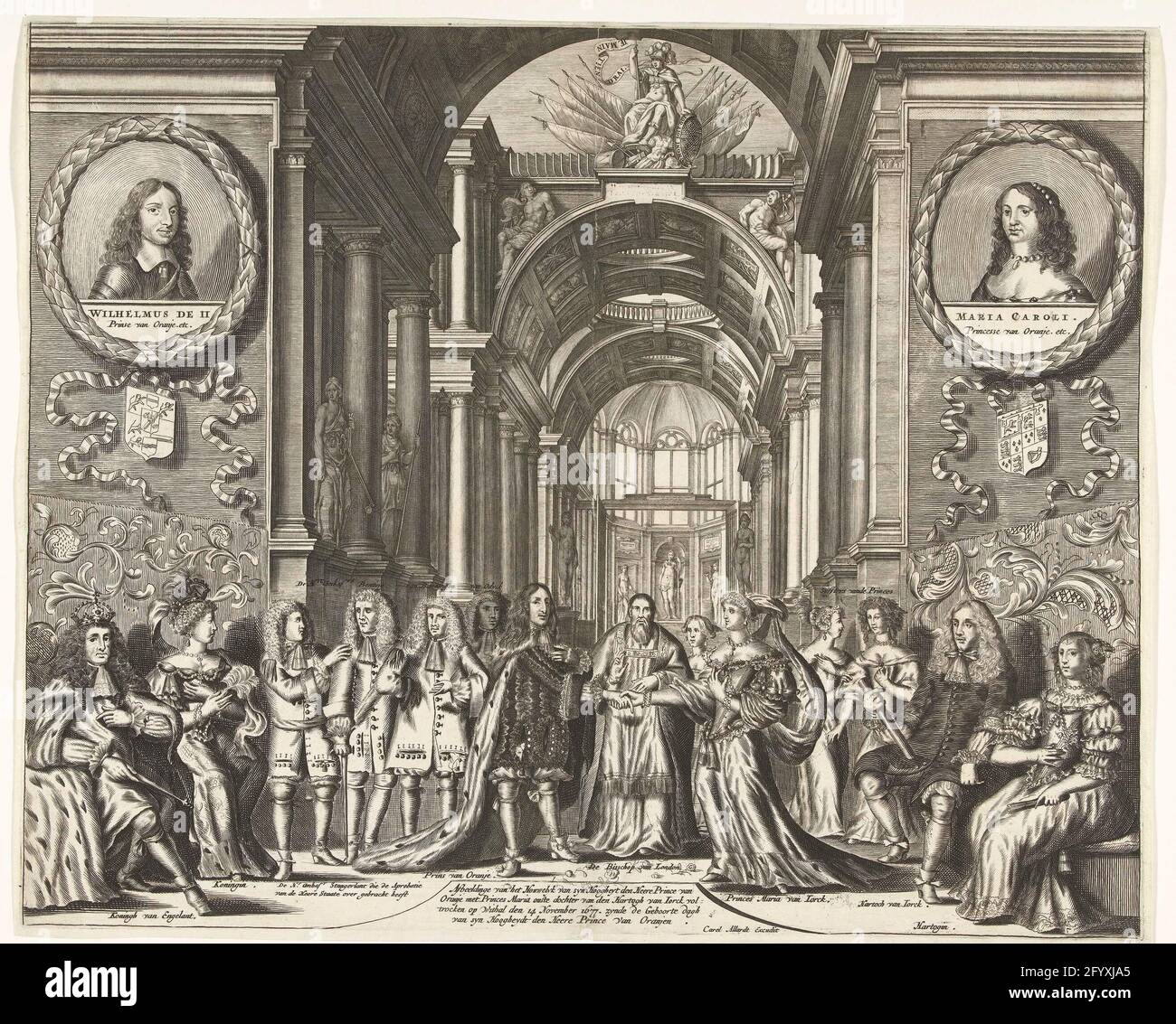 Marriage of Prince Willem III with Maria Stuart, 1677; Image of the Houwelky of Syn Hoogheyt den Heere Prince van Oranje with Princes Maria Ouste daughter of the Hartogh from Jorck Voltrocks at Withal den November 14, 1677, the birth dagh of Syn Heogheydt the Lord Prince of Oranjen. The marriage of Prince Willem III with Maria II Stuart in Whitehall in London, November 14, 1677. Protection of the ceremony through the bishop of London. Links Karel II King of England with Queen, Right Jacobus II, the Duke of York with Duchess. At the top of medallions portraits of the parents of the Prince: Will Stock Photo