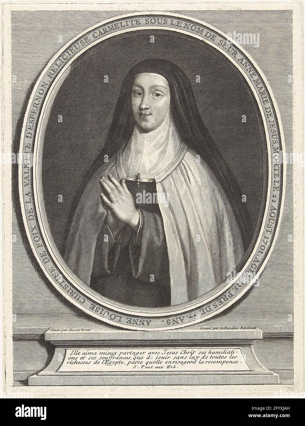 Portrait of Anne-Louise Christine de Foix de la Valette d'Epernon. Portrait in half of Carmelietes Sister Anne-Louise-Christine de Foix de la Valette d'Epernon (1622-1701). Pictured with the hands together, in oval frame with text, including three Latin lines. Stock Photo