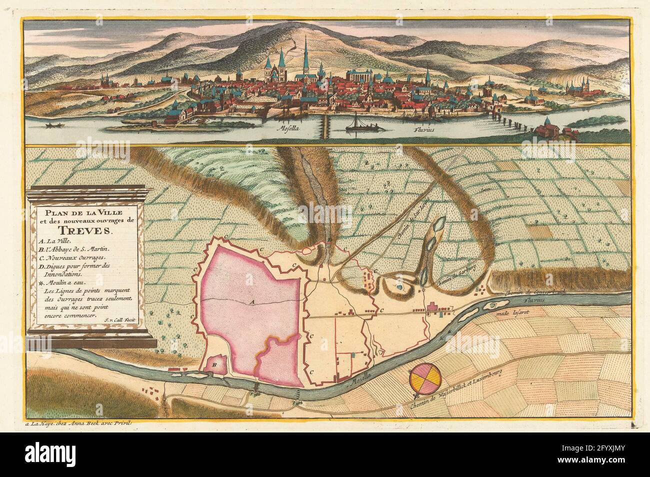 Floor plan of Trier, 1704; Plan De La Ville Et: Chateau: De Traarbach. Map  of the reinforcements around the city Trier, at the top of a view of the  city, 1704. The