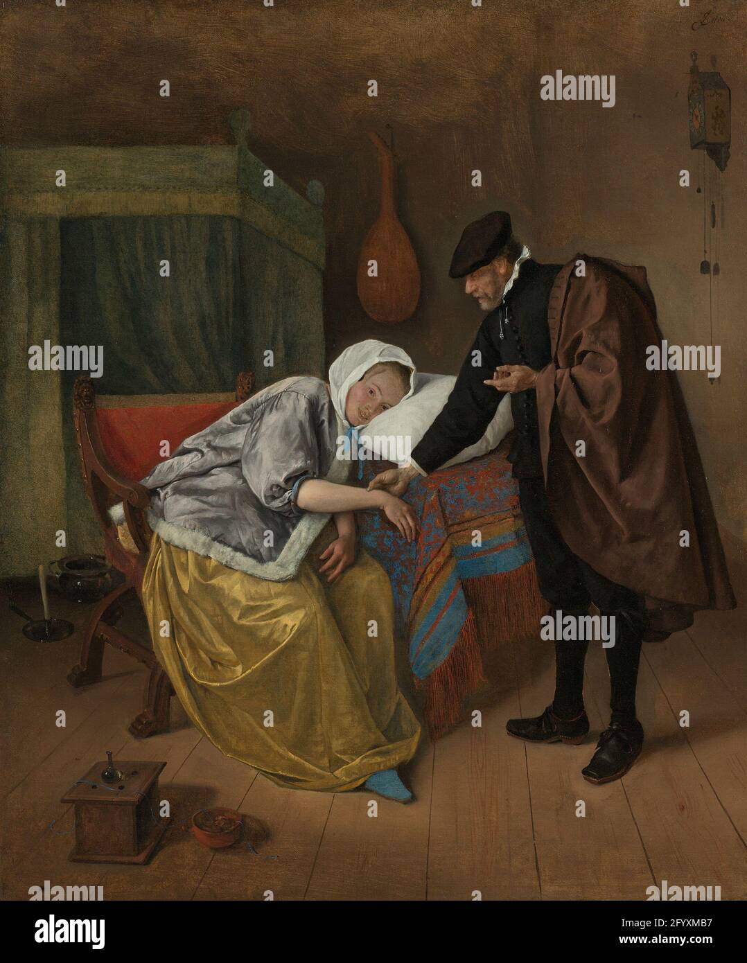 The Sick Woman. Faint from fever, the young woman rests her head on a pillow. Is she perhaps lovesick? Is she pregnant? To find out, a quack would put a strip of his patient’s clothing in a brazier to smoulder – the scent would disclose her secret. Jan Steen here presents such a charlatan making a diagnosis. His old-fashioned attire characterizes him as a comic character. Stock Photo