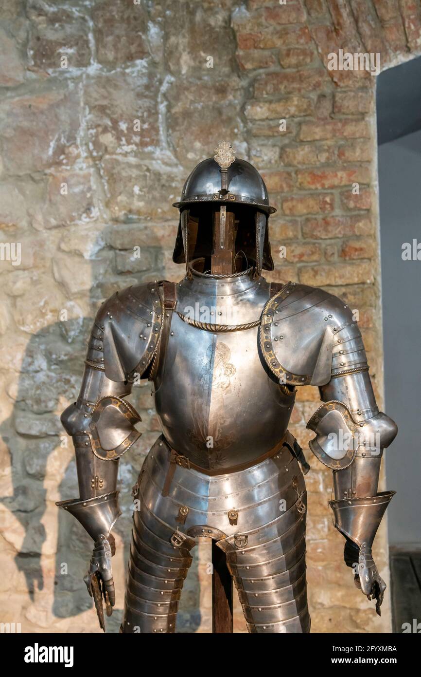 Gallery of knight's armor. Knight's iron armor in the museum. toned