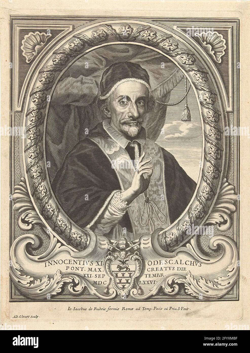 Portrait of Innocent Xi. Portrait in oval list of Pope Innocent Xi. Bust to  the right. In the middle of a cartouche with the coat of arms of Innocent Xi  Stock Photo -