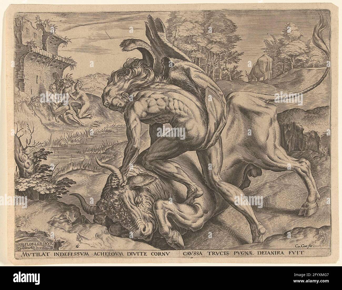 Hercules struggles with Acheloüs; Working from Hercules. Hercules fights with the Acheloüs river god that adopted the form of a bull. It is about the favor of Deïanira the daughter of the oeneus river god. Hercules breaks down the bull's horns. In the background you can see how nymphs one of the horns fill and use as a cornucopia. Stock Photo