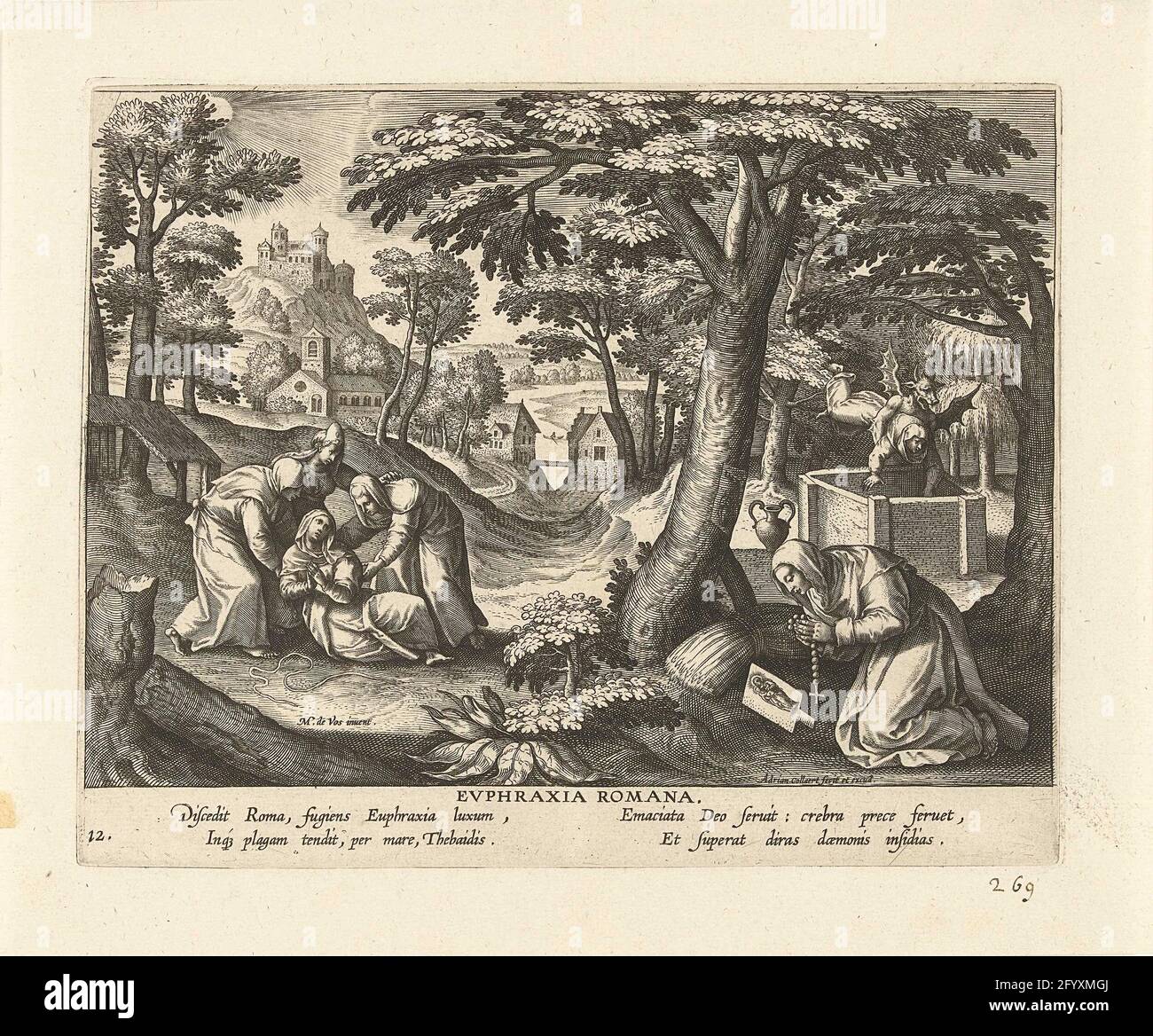 Euphrasia of Rome; Evphraxia Romana; Female hermits; Solitvdo Sive Vitae Foeminarvm Anachoritarvm. Euphrasia of Rome prays in the wilderness. Left in the background she is abused by three women. On the right she is thrown into a well by the devil. The print has a Latin caption and is part of a series of twenty-four prints with the subject of female hermits. Stock Photo