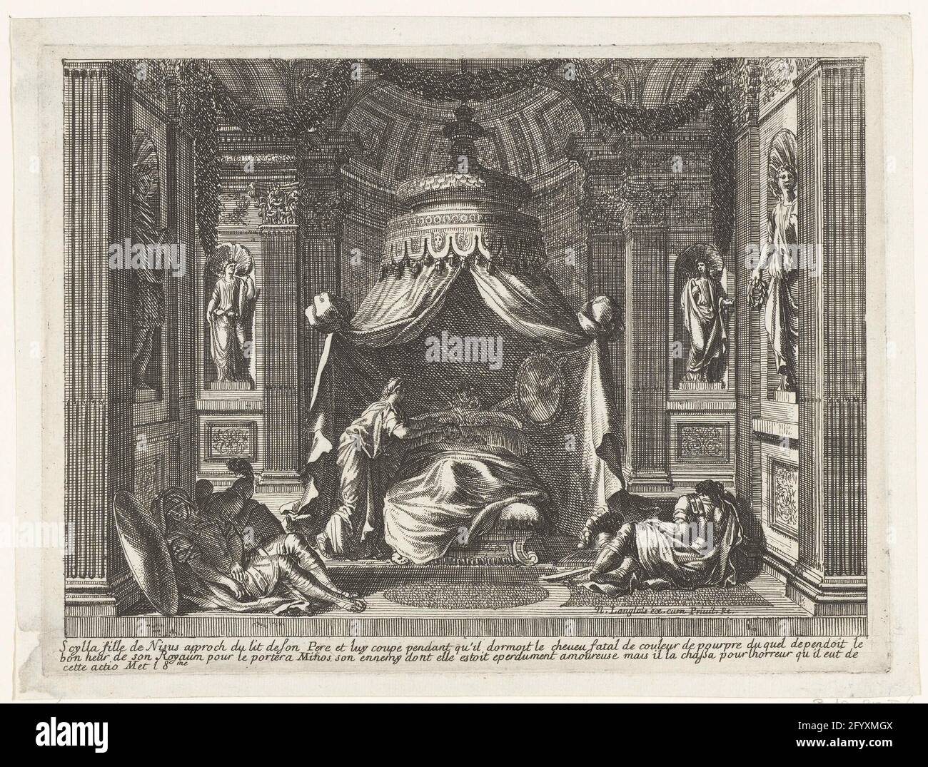 Alcove with Scylla; Alcoues a la romaine. Scylla clips the hair from her  sleeping father, Nisus. Below three lines are text. From series of 6 sheets  Stock Photo - Alamy
