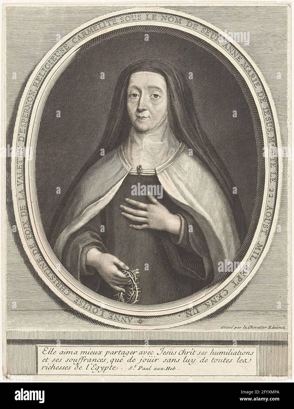 Portrait of Anne-Louise Christine de Foix de la Valette d'Epernon. Portrait in half of Carmelietes Sister Anne-Louise-Christine de Foix de la Valette d'Epernon (1622-1701). Pictured with thorn wreath in right hand, in oval frame with text, including three Latin lines. Stock Photo