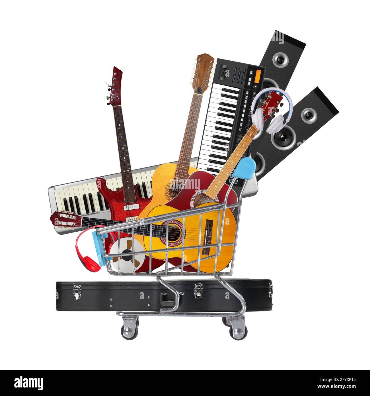 Stack pile collage of various musical instruments in shopping cart. Electric, acoustic and classic guitars, midi piano keyboard.. Store online shop st Stock Photo