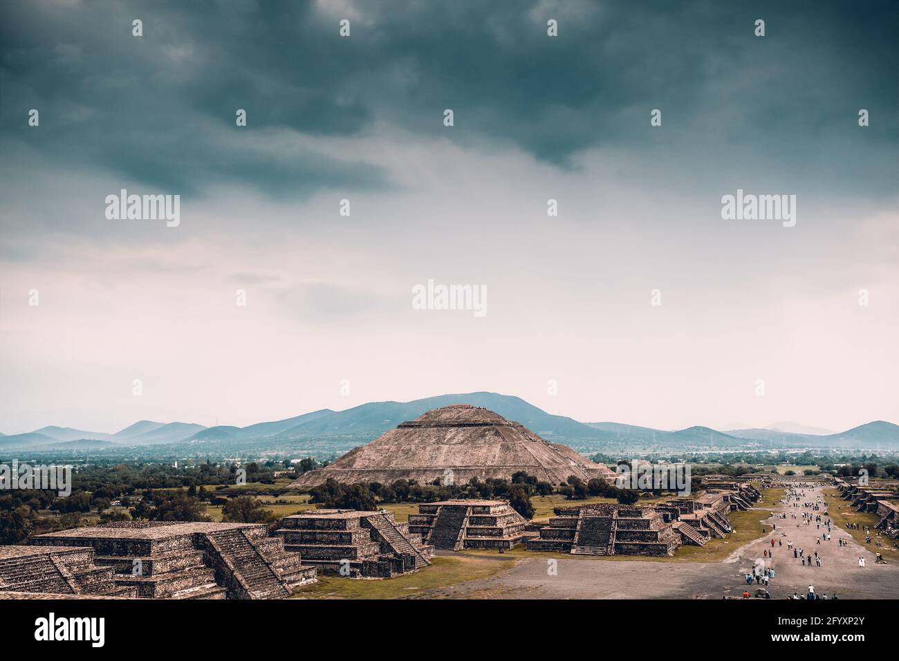Beautiful Scene of an Ancient Ruins of Maya Pyramids. Pyramids of the Sun and the Moon. Old Aztec Civilization. Touristic Place. Teotihuacan. Mexico. Stock Photo