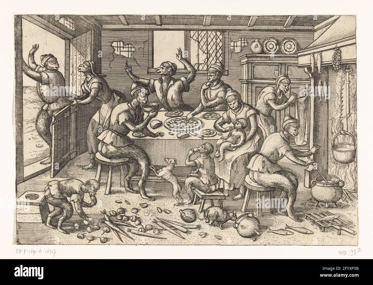 Skinny kitchen; Monkey game. A 16th-century kitchen scene. Some lean monkeys around a table are in a dilapidated house. They grab a bowl of mussels. One drinks a bowl with soup. Spread over the ground are roots, turnips and cabbage, vegetables for the poor. Fish smokes above the hearth, also arm food. A fat monkey has visited, but now tries to get away again. The poor monkeys want him to stop. Stock Photo