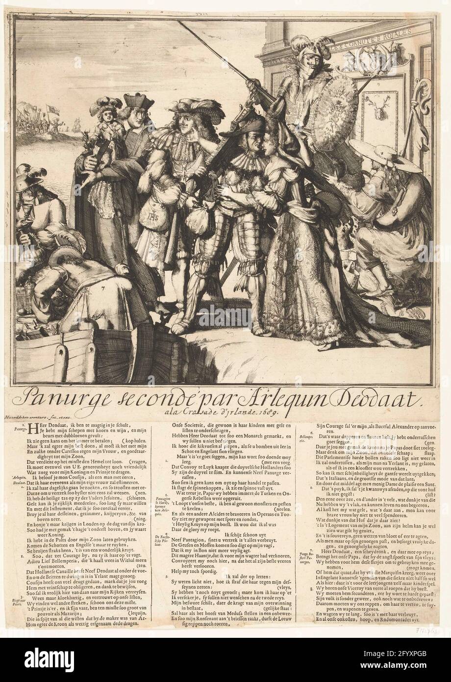 Cartoon on the departure of Jacobus II to Ireland, 1689; Panurge Secondé PAR ALQUIN DEODAT ALA CROSADE D'Irlande. 1689; Cartoon on Jacobus II and Louis XIV and the events in the years 1688-1689. Cartoon on the departure from Jacobus II to Ireland, March 1689. Jacobus says goodbye to his wife Maria van Modena who is then Louis XIV loves. The French king gives James a bag of money, left Father Peters (Edward Petre) with the polar child on the arm. On the right, the Cardinal and Bishop of Strasbourg complains to the Dauphin that is on a donkey. A boat is prepared for departure. Under the show a v Stock Photo