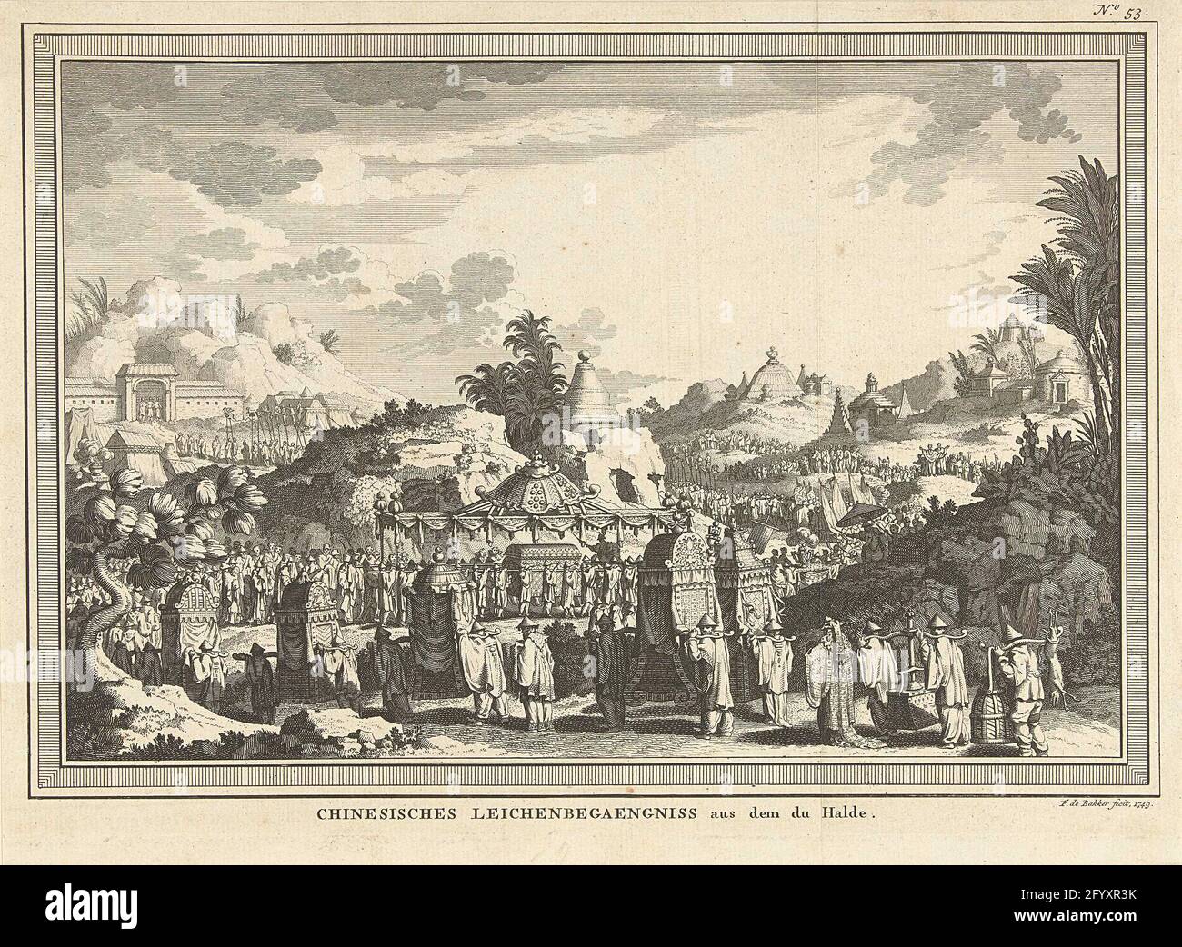 Chinese funeral procession; Chinesisches Leichenbegängnis Aus Dem du Halde. Chinese funeral