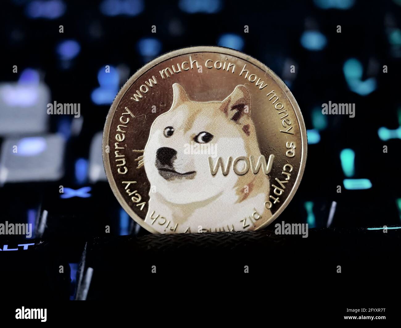A closeup of a Dogecoin cryptocurrency put on a gaming RGB keyboard Stock  Photo - Alamy
