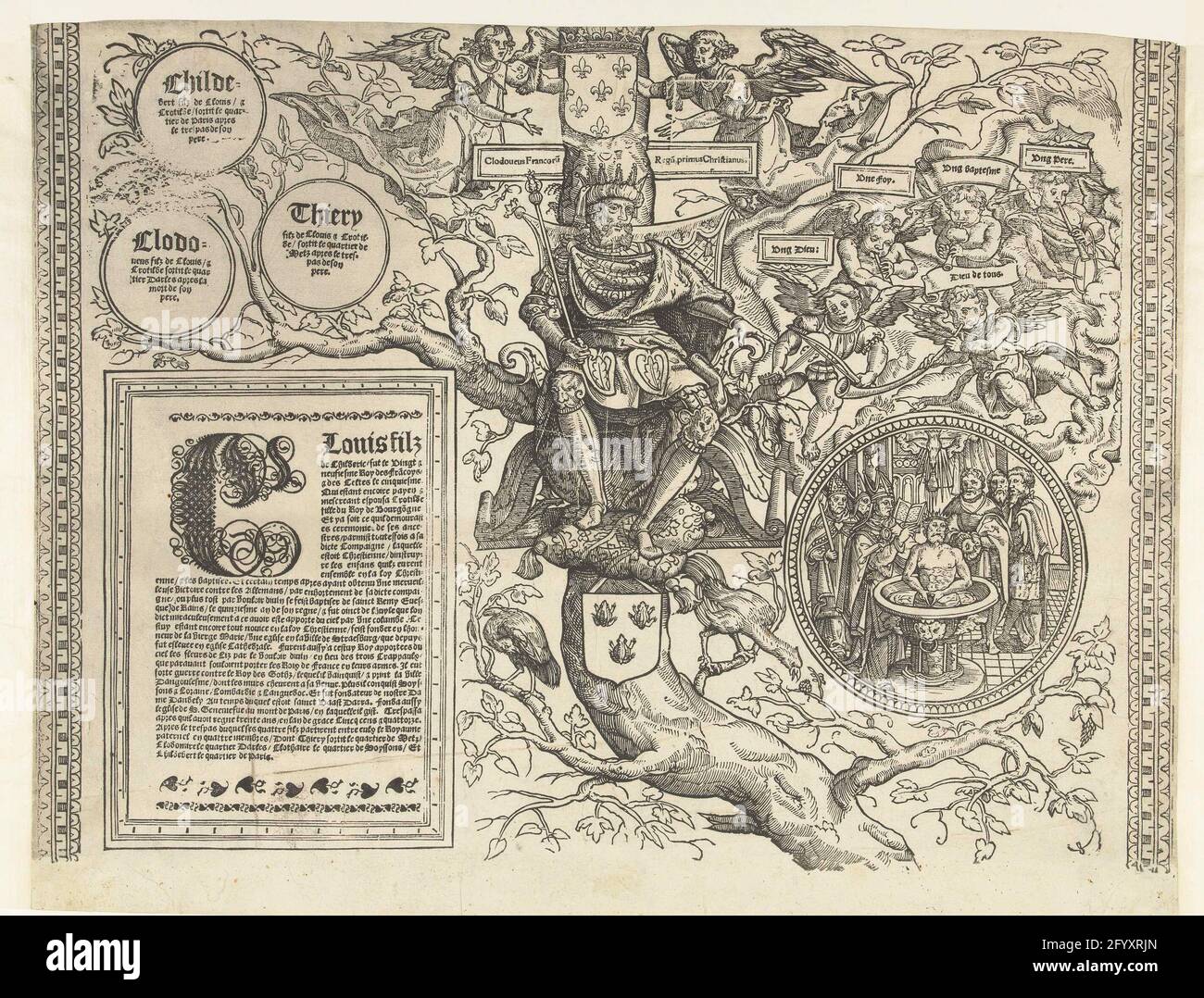 Family tree of the Habsburg house, leaf three; Family tree of the Habsburg House. One sheet of twenty, together form a pedigree. In the tree sitting on a clovis I throne, king of the francs. On his right hand three medallions with names of his three sons and cartouch with text in French. Angels and medallion with his own baptism in his left hand. Stock Photo