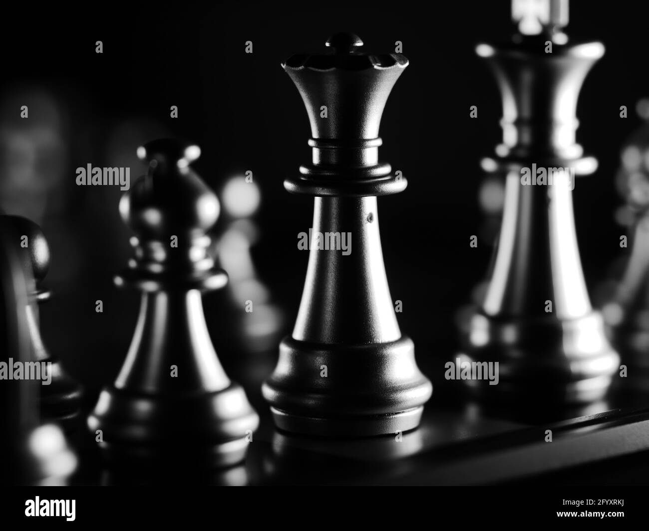 A dramatic grayscale shot of chess figures lit in the darkness Stock Photo  - Alamy