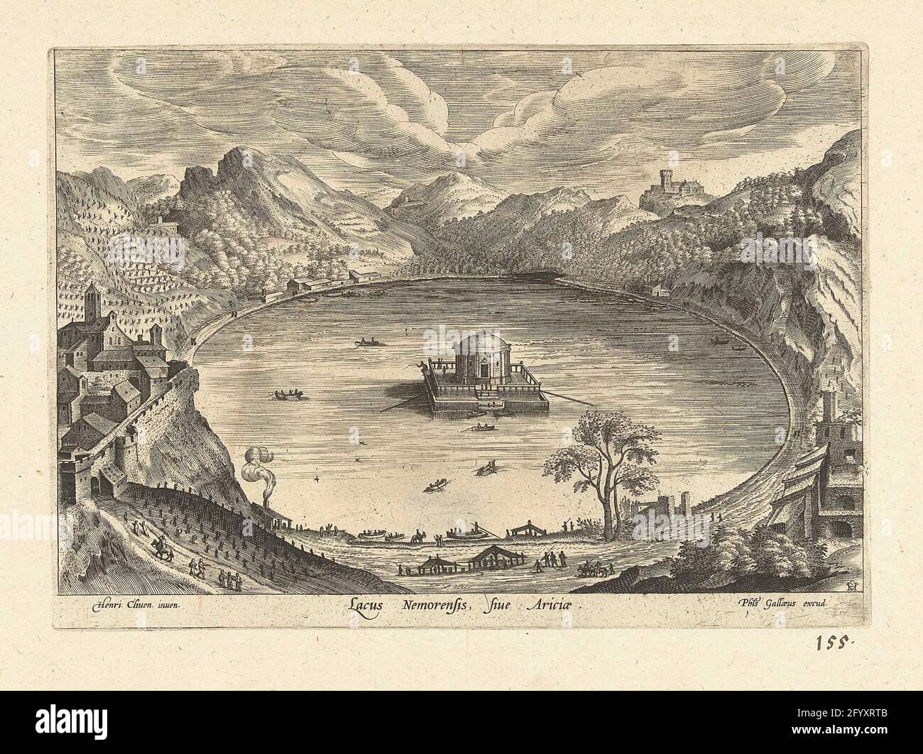 View of the Nemi lake; Lacus Nemorensis, Sive Ariciae; Ruinarum Varii Prospectus. View of the Nemi lake with a temple in the middle of the lake. On the lake some ships. The print is part of a series that depicts different places in the Mediterranean. Stock Photo