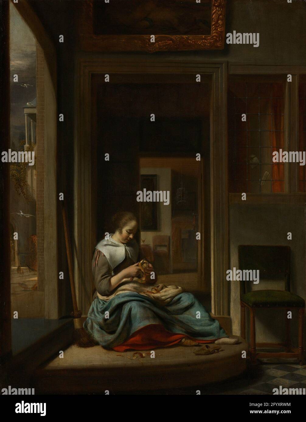 Girl peeling an apple. The apple shell. Interior with a woman, a maid ...