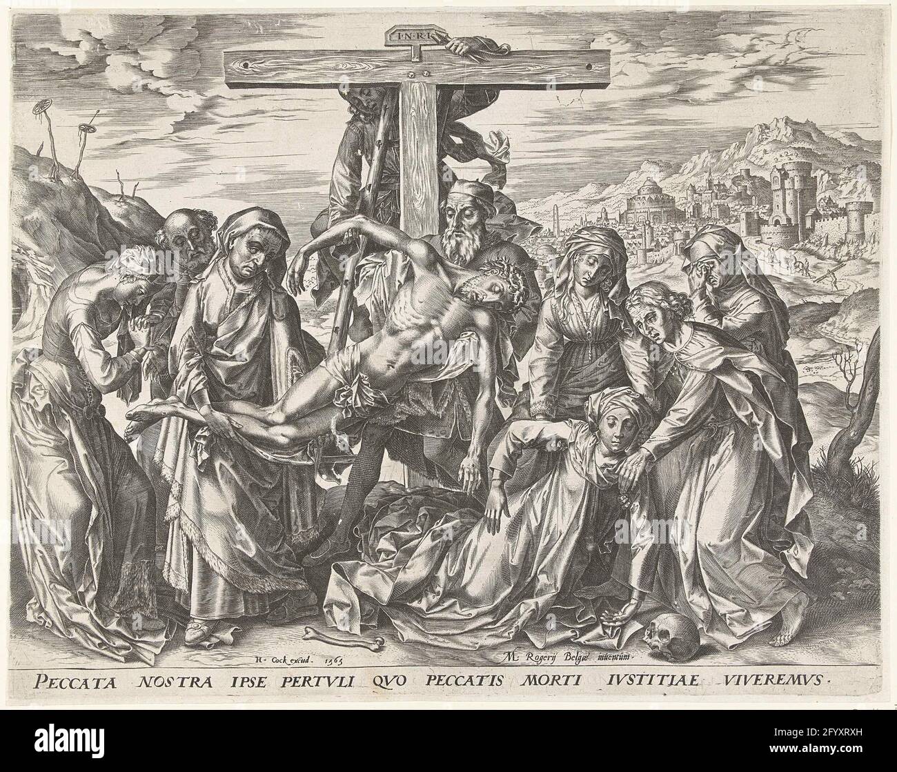 Cross out. The body of Christ is taken from the cross by three men. On