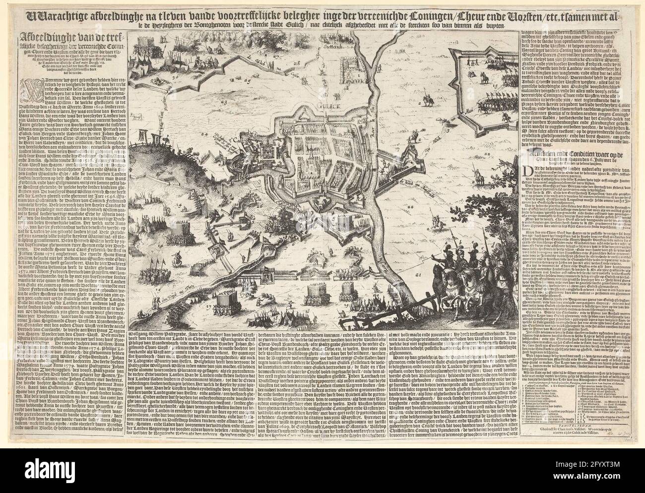 Siege from Gulik, 1610; Warly figure after t'leven Vandeffelijcke Besternele of the Principles / Cheering and Prince / etc. Tsamen with all the Heyrleghers of Bonthenots for the Stercke Stadt Gulich / Naecktelijck AfghePept set with all the STERCKTEN SOO inside like buyten. Siege Van Gulik, July 1610. Plan of the city of Gulik and the surrounding country with the army camps of the segregating troops of Prince Maurits and the other allies of the Keurvorst van Brandenburg. In the foreground the army leaders on horseback. With a description of the events and legendas 1-30 and A-H in letterpress i Stock Photo