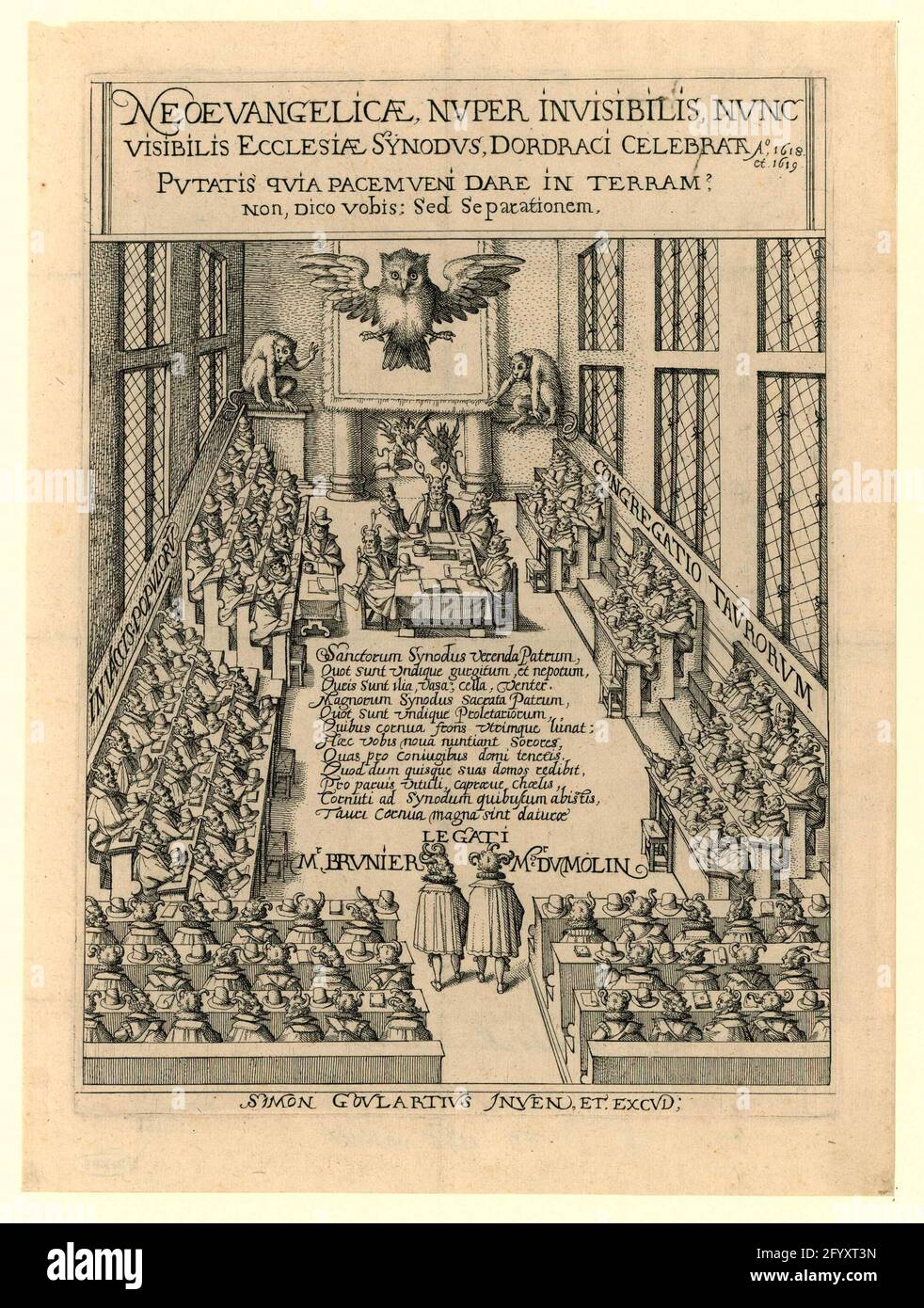 Cartoon on the Synod of Dordrecht, 1619; Neoevangelicae, Nuper Invisibilis,  Nunc Visibilis Ecclesiae Synodus, Dordraci Celebrata Ao. 1618 ET 1619.  Cartoon on the national synod in Dordrecht in 1618-1619. In the show