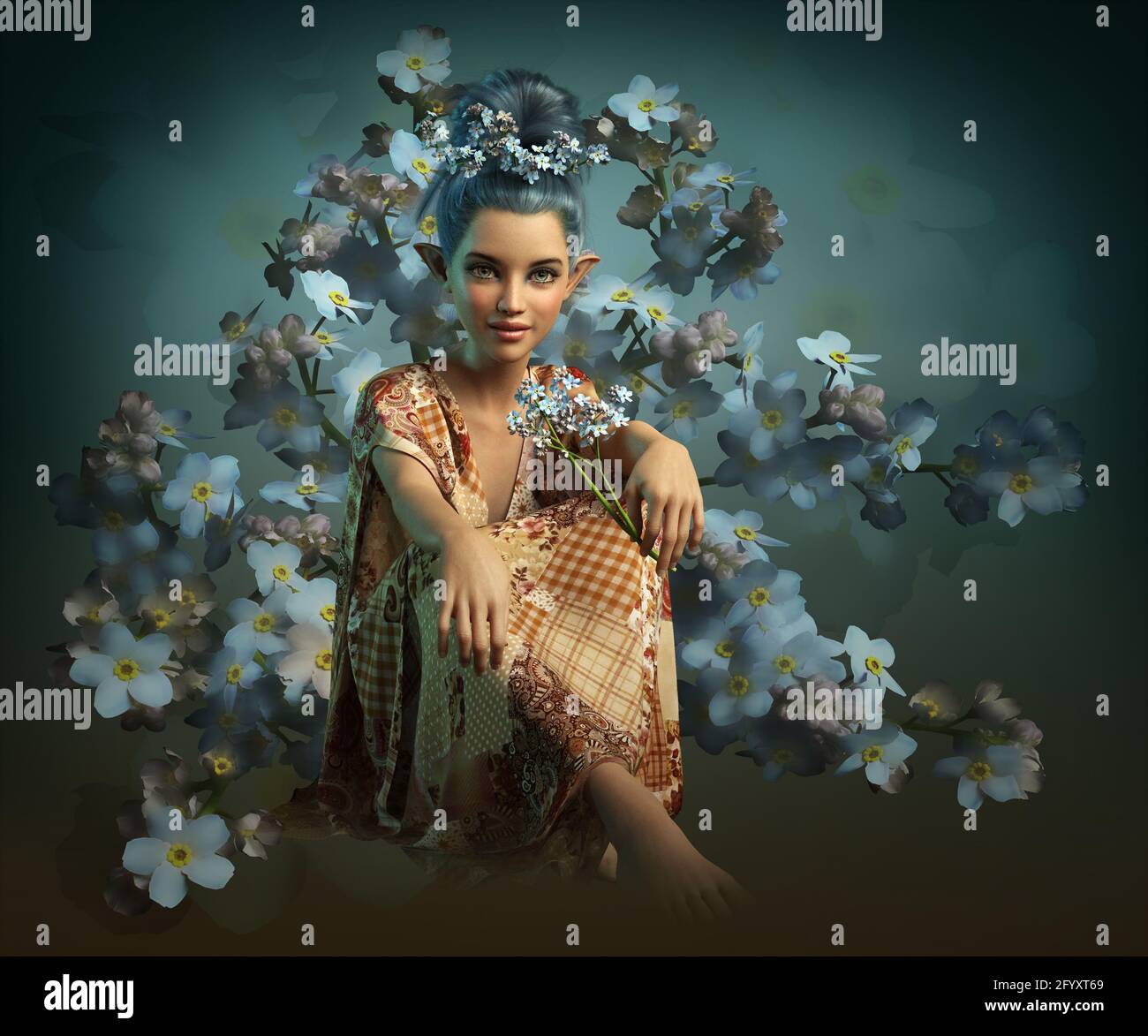 3d computer graphics of a cute fairy with forget me-not flowers Stock Photo