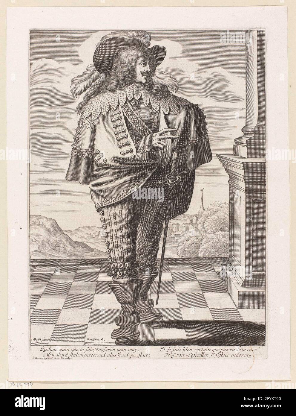 French nobleman, dressed according to fashion of approx. 1625. Edelman, standing on a terrace next to a column. On the long curled her a hat with a wide edge and feathers. He is wearing a jam over which a wide scalloped side collar and a loose shoulder shelter. Striped knee pants and boots with traces. A sweetheart. Stock Photo
