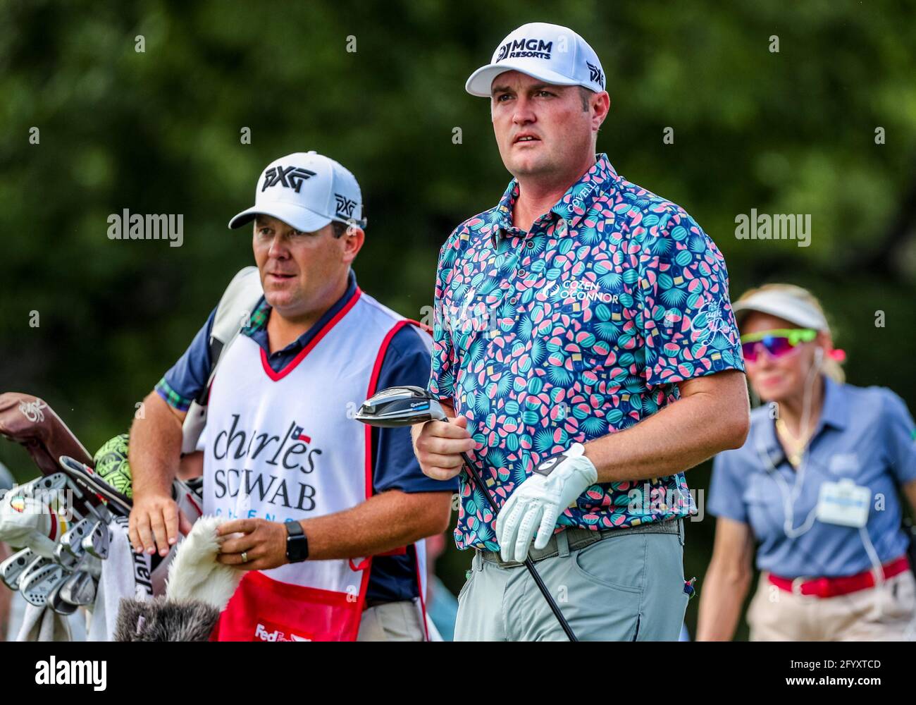 Fort Worth, TX, USA. 29th May, 2021. Jason Kokrak watches his drive during  the third round of the Charles Schwab Challenge golf tournament at Colonial  Country Club in Fort Worth, TX. Gray