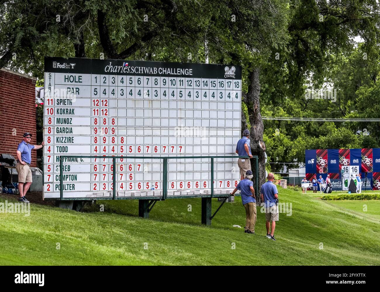 Fort Worth, TX, USA. 29th May, 2021. The leaderboard on the 16th hole  during the third round of the Charles Schwab Challenge golf tournament at Colonial  Country Club in Fort Worth, TX.