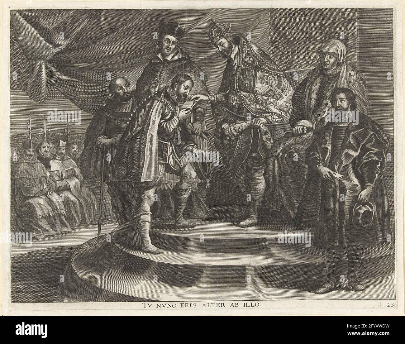 Charles V has a throne distance in favor of FiILips II; Entry from Ferdinand in Ghent in 1635; TV NVNC Eris Alter Ab Illo. Troon distance from Emperor Charles V on October 25, 1555, in which he transmits the government of the Netherlands to his son Philip. The emperor standing in front of the throne, next to him is his sister Maria van Hungary. Furthermore, present: Viglius van Aytta and Cardinal Granvelle. Philip II coastes his father's hand. Presentation on a side wall of the passage of the triumph port Arcus Caroli on the Friday market. Leaf No. 25 in a set of 42 plates that illustrate the Stock Photo