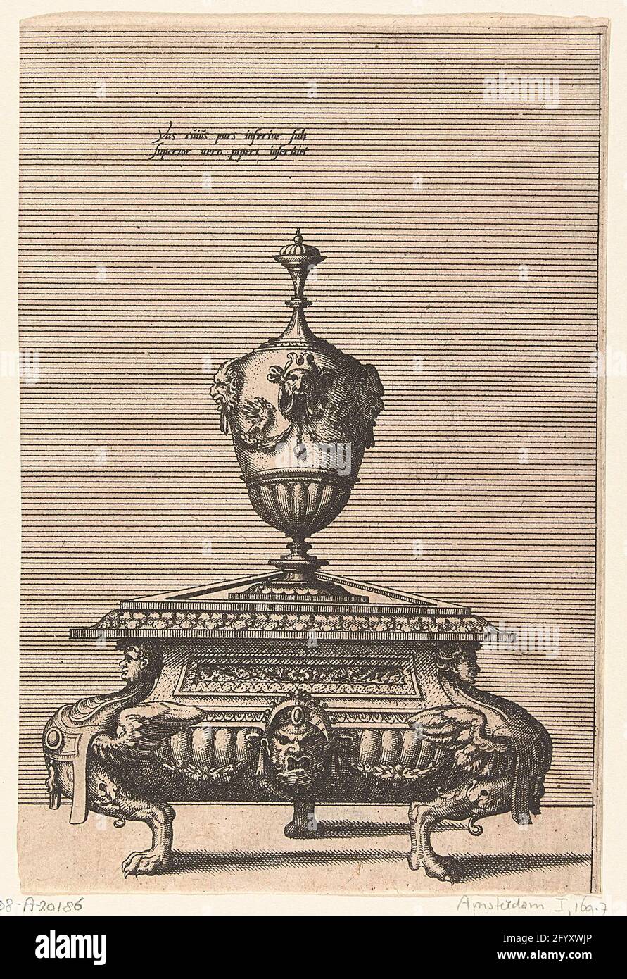 Pepper and salt barrel; Vas Cuius Pars Inferior Sali / Superior Vero Piperi Inseruite; Crockery such as jugs, pepper and salt vessels and a drinking scale. The triangular salt barrel is worn by sphinxes. The portion for pepper thereon has the shape of a vase. Horizontal shaded background.uit series of 12 sheets. Stock Photo