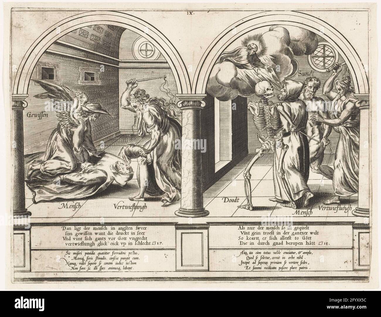Man Tormented By Conscience And Despair And Finding The Grace Of God Heilsweg Of Man Two Biblical Allegories In Architectural Frame On The Left Man Is Tortured By The Personnifications Of Conscience