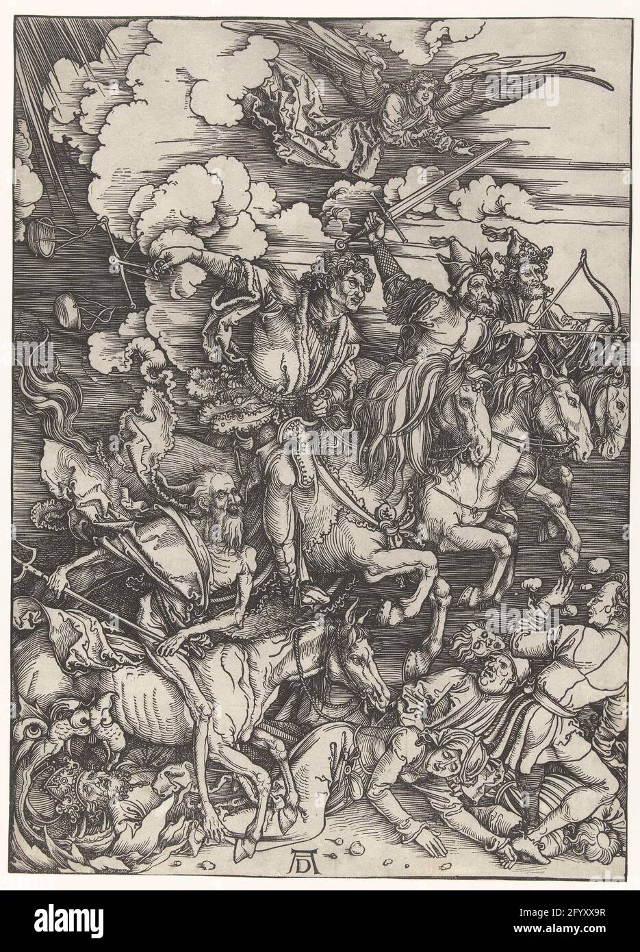 The four riders of the apocalypse. Four men on horseback, armed with an arrow and bow, a sword, a scales and a riek, people walk under the foot. Stock Photo