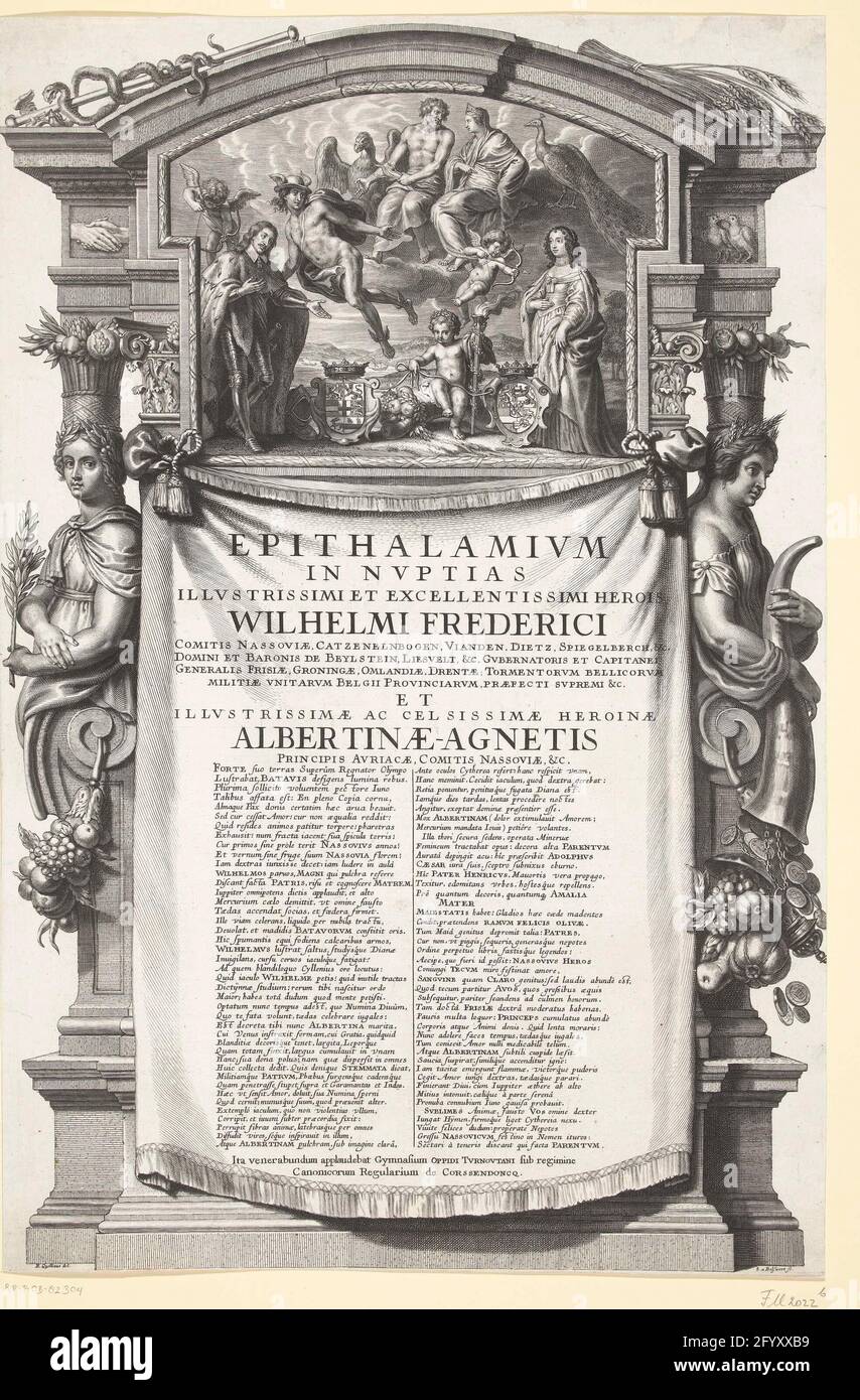 Allegory on the marriage of Count Willem Frederik van Nassau and Albertina Agnes, 1652; Epithalamium in Nuptias (...) Wilhelmi Frderici (...) et (...) Albertinae-Agnetis. Allegory on the marriage of Willem Frederik, Count of Nassau-Dietz with Albertine Agnes, Princess of Orange-Nassau, daughter of Frederik Hendrik, May 1652. Willem Frederik is led by Mercury to his wife, in the clouds are Jupiter and Juno. Central Cupid with a burning torch and the weapons of both parties. At the bottom of a canvas with a long verse in Latin by students of the Roman Catholic College in Turnhout. On either side Stock Photo