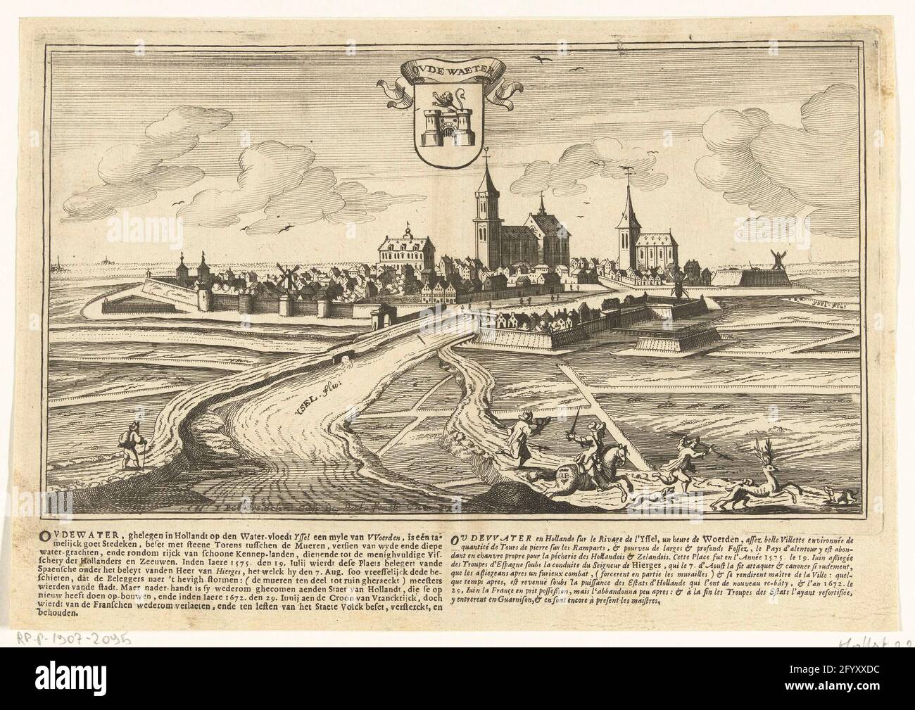 Face on old water; Cities and branches in the Republic of the Netherlands;  Thooneel of the cities of the Sterckten van 't Verenight Nederland with d'Aeng-brightened  plaster. View of the city of