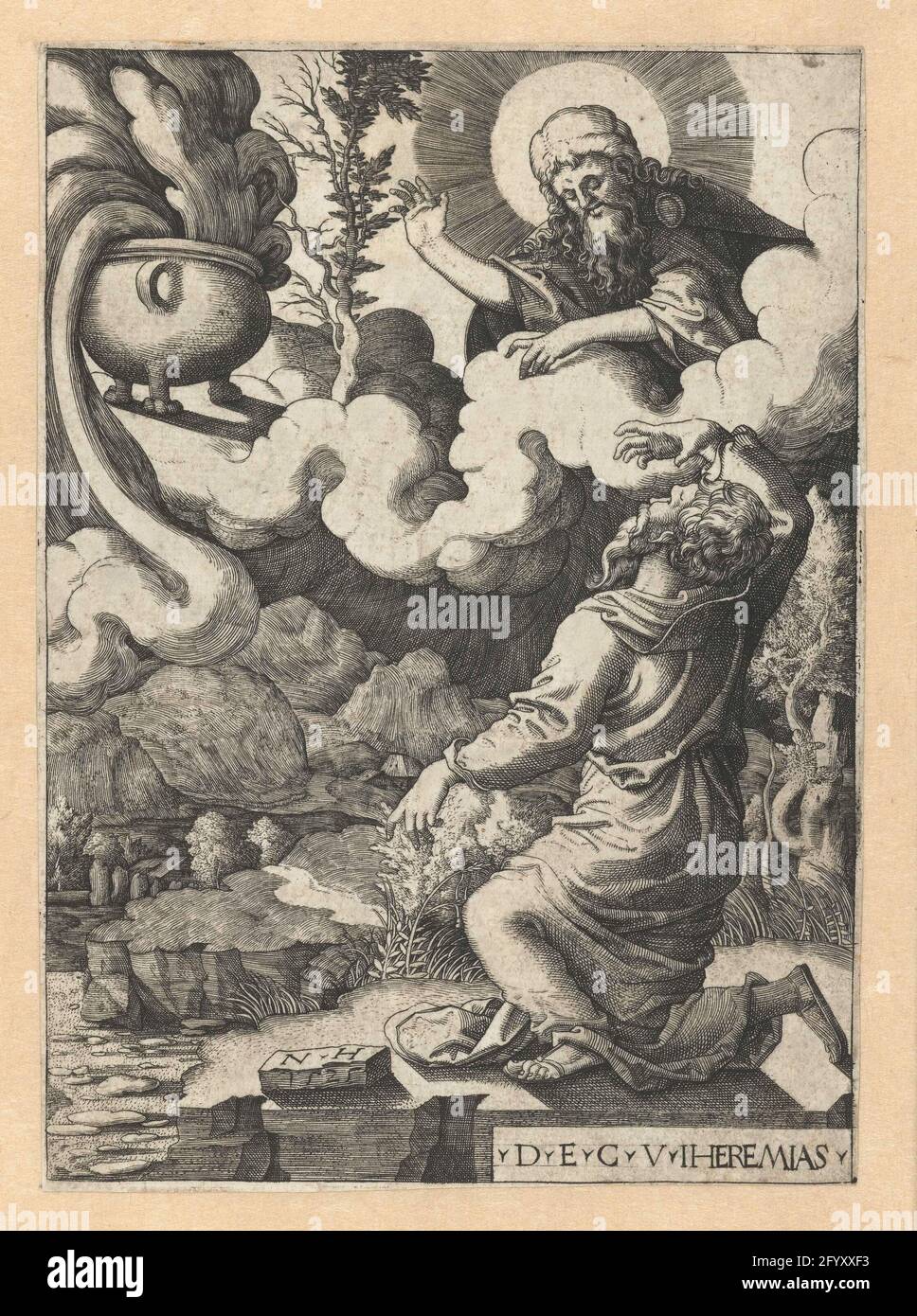 God appears to Jeremiah; .D.e.c.v.iheremias. Jeremiah kneeling with