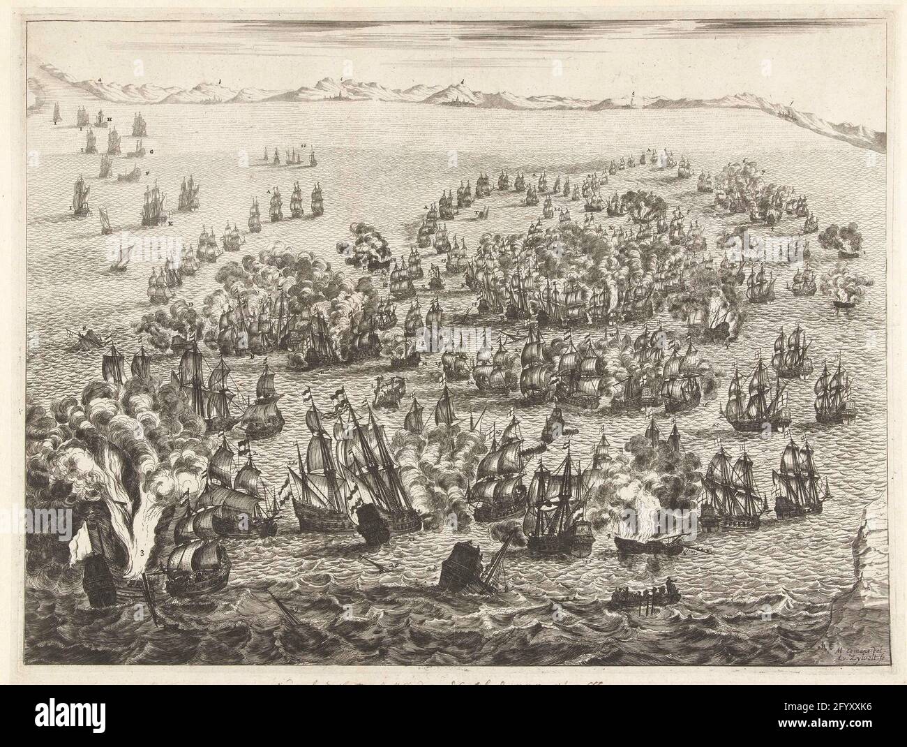 Four-day naval battle, 1666; Pertinent picture of the Victictieuse Vierdaeghsche Zelagh / Joined by the Dutch Fleet / Cons of the English / on the 11/12/13 and 14 June 1666. The four-day naval battle between the state fleet under Admiral Michiel de Ruyter and the English fleet under Admiral George Monck , 11-14 June 1666. In the background the Flemish coast. A text sheet belongs to the print. Stock Photo