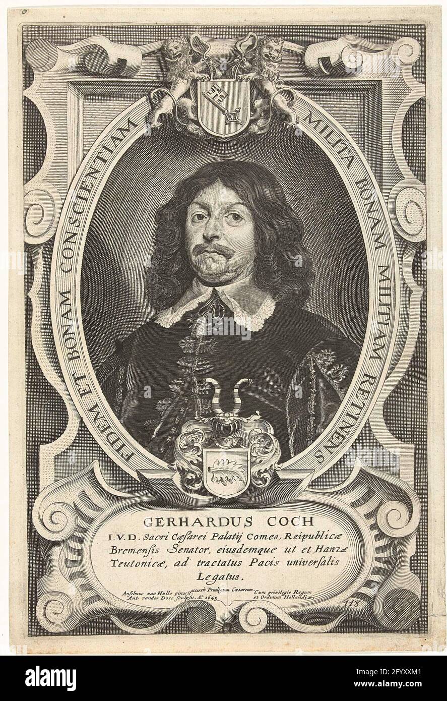 Portrait of Gerhard Koch. Portrait of gerhard koch, breastpiece in oval  with coats of arms, in cartouche with five lines of latin text under the  portrait Stock Photo - Alamy