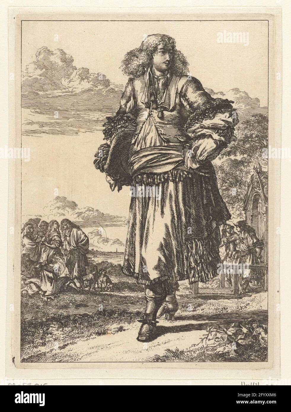 Figures à la Mode. From the middle of the 17th century fashionable men wore 'rhinegraves', extremely full breeches decorated with an 'apron' of braids under long fitted coats. The long curly hair, Figures à la Mode. From the middle of the 17th century fashionable men wore 'rhinegraves', extremely full breeches decorated with an 'apron' of braids under long fitted coats. The long curly hair,