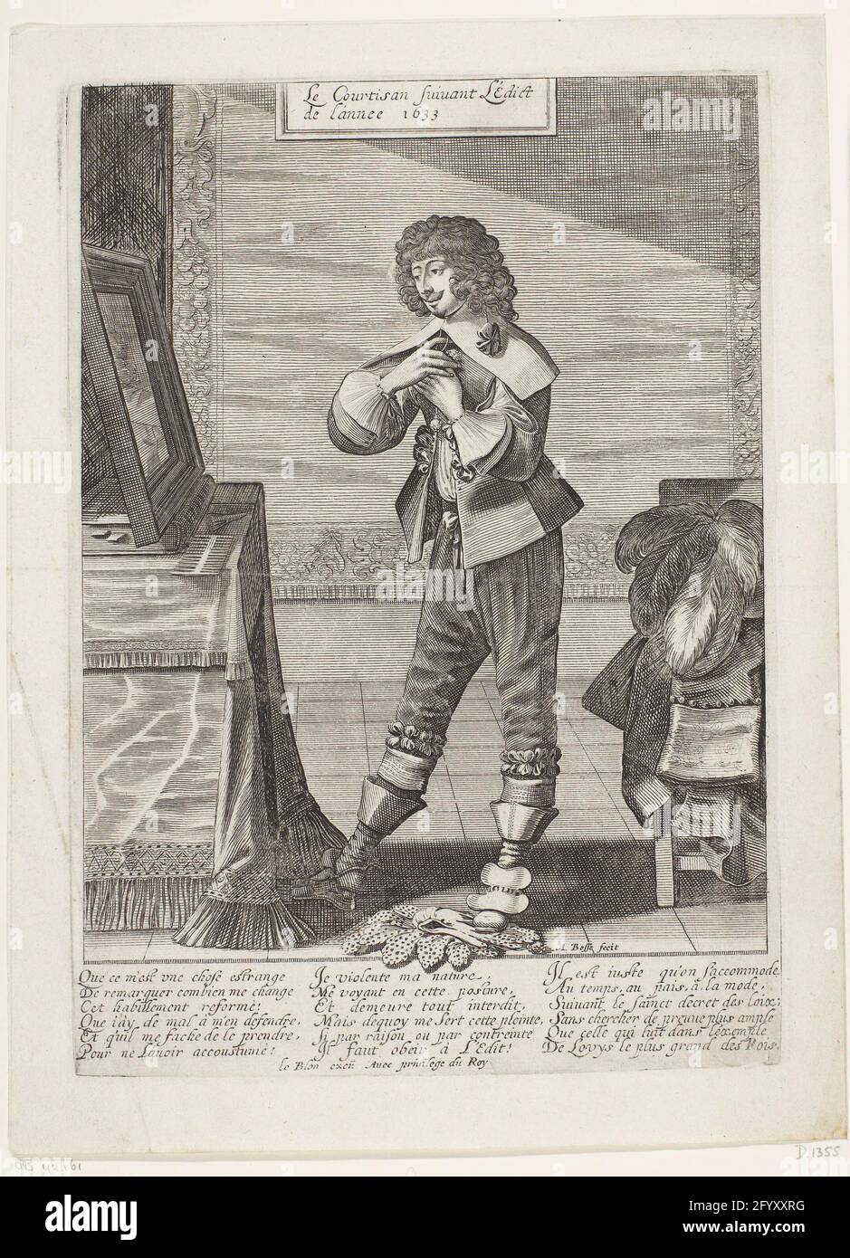 French Hoveling follows the edict of 1633; Le Courtisan Suivant l'édict de l'Annee 1633; Following the edict of 1633. This Hoveling is dressed according to the prescribed rules of the 1633 edict. He is wearing a simple smooth collar, while holding a foot on his fashionable (prohibited) sides collar. In the margin a caption in French to which the man does not feel comfortable in this clothing, but obedient to the king of France. Stock Photo
