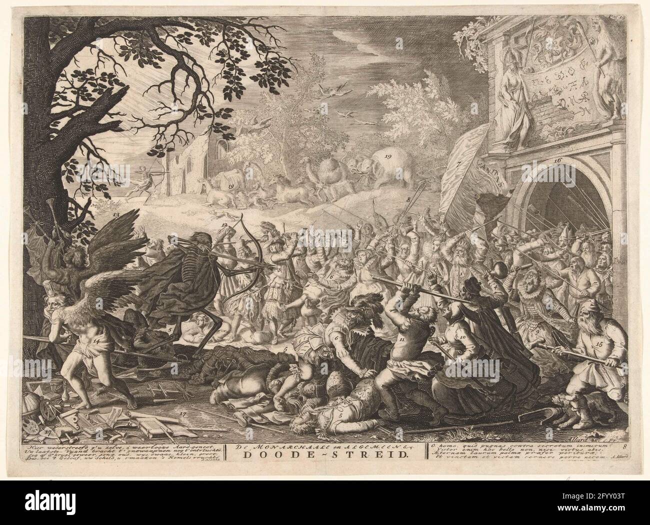 Death is fighting humanity; The monarchical and general dead streid. Allegorical show. Death shoots his arrow on an armed crowd of young and old, poor and rich men and women coming from a gate. They try to defend themselves against the arrows of death. With his science, the father takes out instruments of science such as globe and passer but also objects related to the arts. Fame can be dismissed by death. In the background, death shoots his arrows on elephants and other animals. Below the show is a Dutch and Latin verse about this fight in and at death. Stock Photo