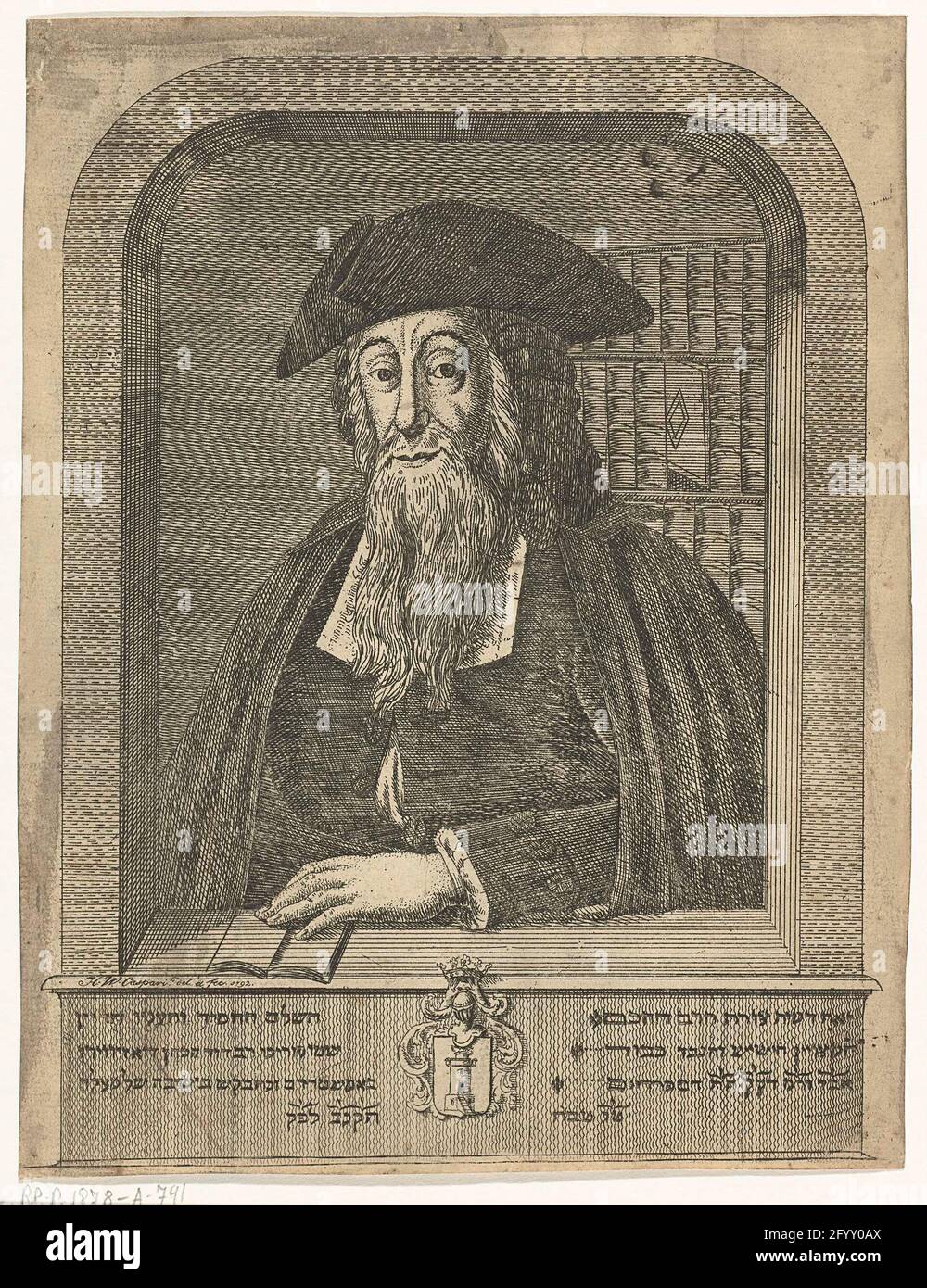 Portrait of David Cohen d'Azevedo. Portrait of Van David Cohen d'Azevedo, the supreme rabbin of the Portuguese-Jewish congregation in Amsterdam. Bust to the left. Cohen carries a stab on the head and reads a book. A bookcase in the background. Stock Photo