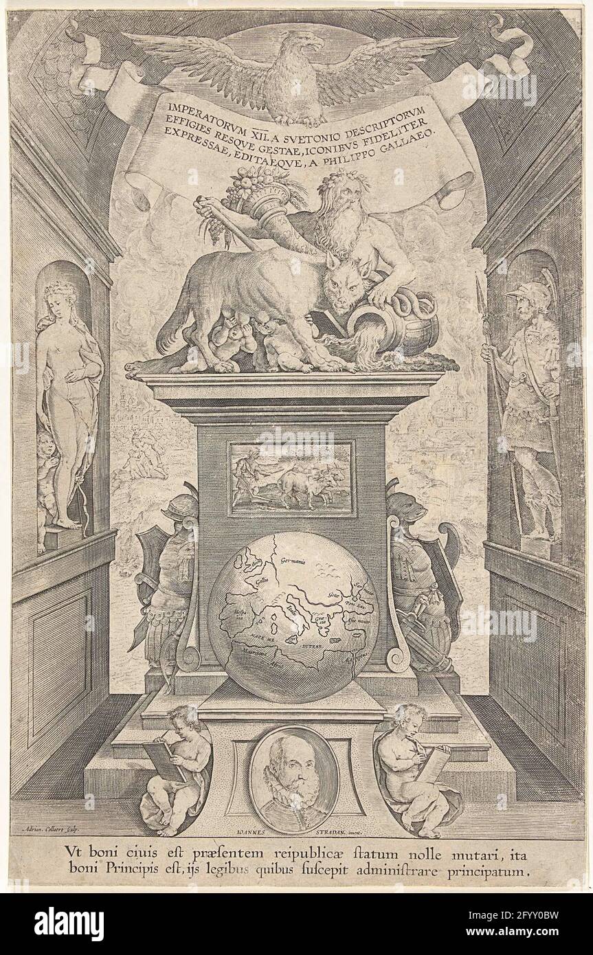 Title print of a series of Roman emperors on horseback; Roman emperors on  horseback; ImperatorVM XII. A Svetonio Descriptorvm Effigies Resqve Gestae.  Central to this title print a column on top of