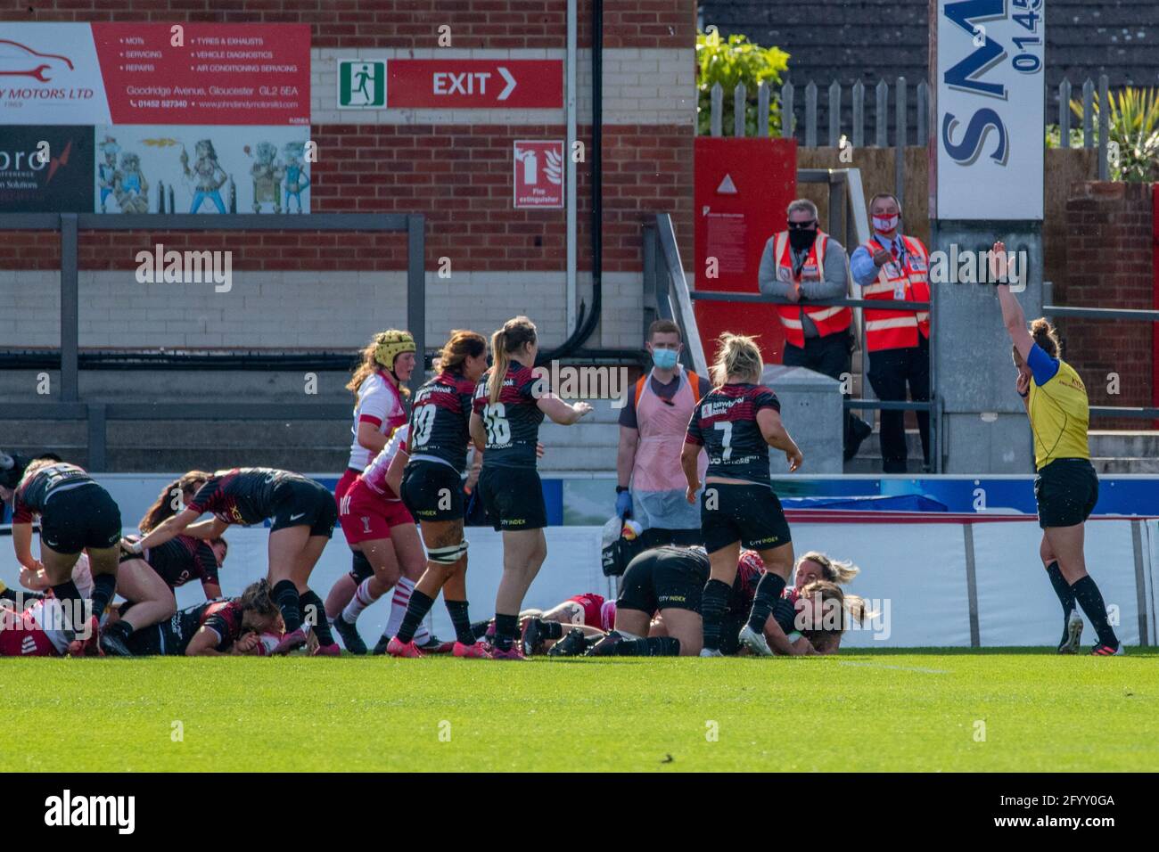 Gloucester, UK. 30th May, 2021. Sophie de Goede (4 Saracens Women) scores a try during the Allianz Premier 15s Final between Saracens Women and Harlequins Women at Kingsholm Stadium in Gloucester, England. Credit: SPP Sport Press Photo. /Alamy Live News Stock Photo