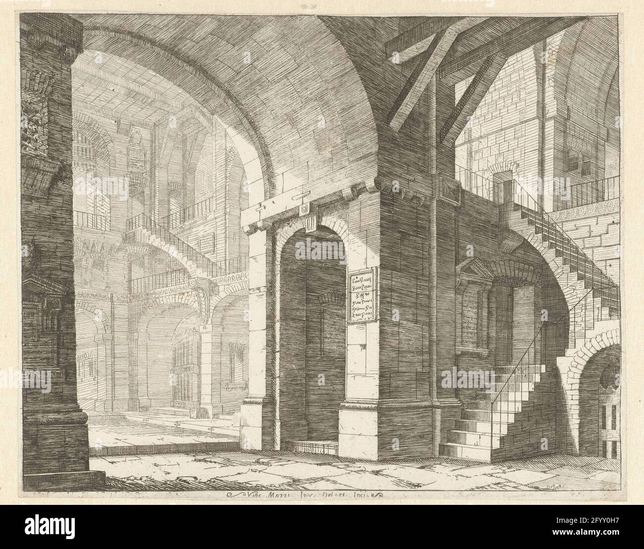 View of a high space from and corridor; Caprici di scene teatrali. Fantasy architecture with high light space with lots of stairs. On the right, in the arcuate gate, an opening to a narrow corridor. Print from a series of twelve prints with examples for theater decors. Stock Photo